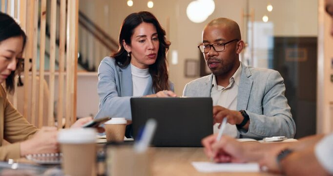 Business people, laptop and group with teamwork, brainstorming and meeting for feedback. Cooperation, pc and employees with tech, conversation and creative with planning for project, talk or proposal