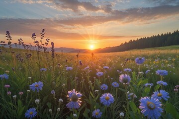 Stunning Sunrise Over Serene Meadow Overflowing with Colorful Wildflowers