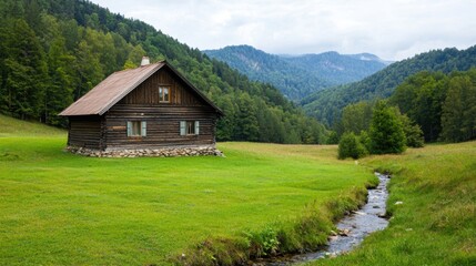 Fototapeta premium Scenic Rustic Mountain Cabin Surrounded by Lush Greenery and Calm Stream
