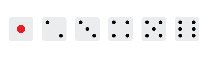 Classic roll dice icons set. Black red white game dice cubes from one to six dots. Gambling objects to play in casino, poker. Six faces of cube. Traditional dice with numbers of dots from 1 to 6