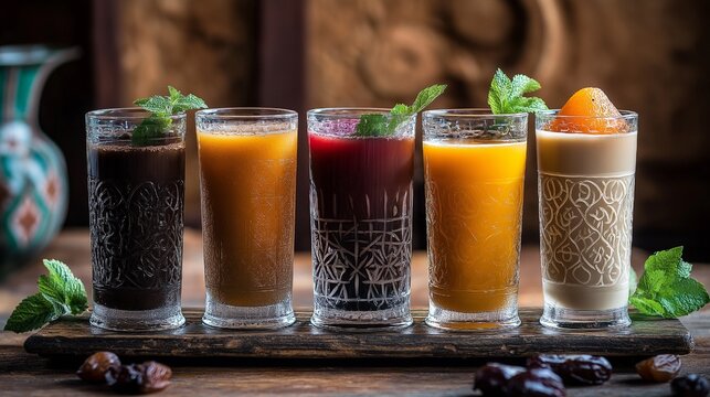 "Ramzan Special: Traditional Arabic Drinks & Dates &ndash; Enjoy Delicious Apricot, Carob, Licorice, Doum Palm Juices & Milk with Dates, Perfect for Iftar & Suhoor on a Marble Background"
