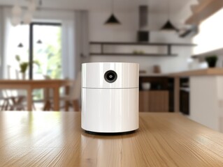 Smart Home Security: A Sleek White Camera in a Modern Kitchen Setting