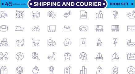 Shipping And Courier icon. Delivery service outline icon set. Containing order tracking, delivery home, warehouse, truck, scooter, courier Sea Air, Date. Editable stroke outline icon.