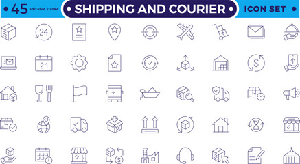 Shipping And Courier icon. Delivery service outline icon set. Containing order tracking, delivery home, warehouse, truck, scooter, courier Sea Air, Date. Editable stroke outline icon.