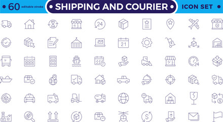 Shipping And Courier icon. Delivery service outline icon set. Containing order tracking, delivery home, warehouse, truck, scooter, courier Sea Air, Date. Editable stroke outline icon.