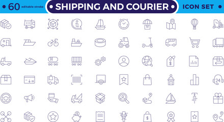 Shipping And Courier icon. Delivery service outline icon set. Containing order tracking, delivery home, warehouse, truck, scooter, courier Sea Air, Date. Editable stroke outline icon.