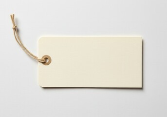 Rectangular paper tag, cream colored, hanging string, simple design, product label, blank space, minimalist, textured surface, retail tag