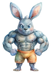 Strong cartoon rabbit, muscular character, vibrant colors, playful design, fitness theme, animal illustration.