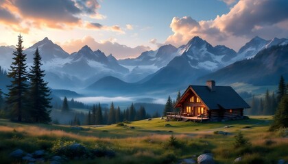 Majestic mountain landscape, cozy log cabin with warm glowing windows