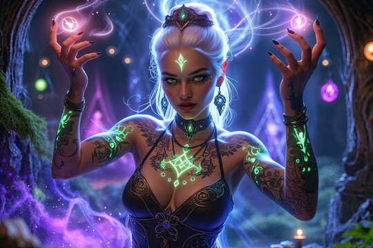 A Vibrant Digital Sorceress with Luminous Tattoos Casting Spells in a Magical Realm