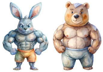 Strong cartoon characters, muscular rabbit, bear illustration, colorful watercolor style, playful animal design, fun art for kids.