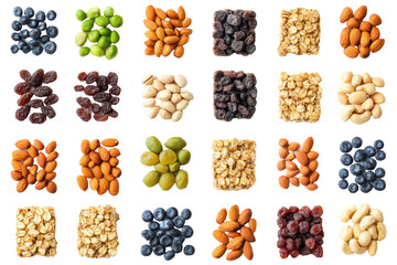 Healthy Snack Variety Pack: A vibrant collage showcasing an assortment of nutritious snacks, including blueberries, almonds, dried cranberries, granola bars, and pistachios.