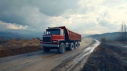 Beneath an overcast sky during the course of the day a big dumping truck travels together an excavation road transporting rocks for profit
