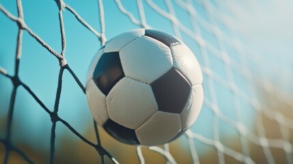 Soccer Ball in Net - Close-up of a soccer ball in the back of a net, outdoors on a sunny day.