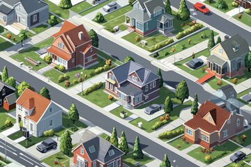 A bird's-eye view of a residential neighborhood with various homes, streets, and cars.  Colorful houses, trees, and landscaping are depicted in an isometric style.  A suburban scene.