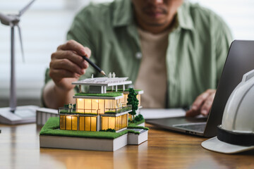Modern eco-friendly house model with green roofs, Solar panels roof installation design with Energy...