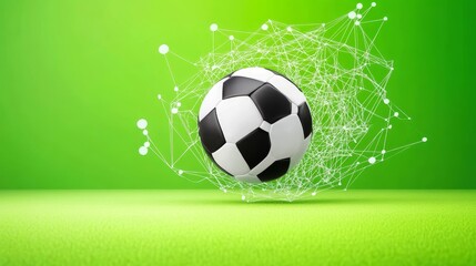 Fototapeta premium Soccer Data Analysis: Green Field Goal - Soccer ball encased in a data network, symbolizing analytics, strategy, performance, technology, and future success in sports.
