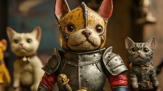 Toy as a knight with a dog and a cat as its loyal squires