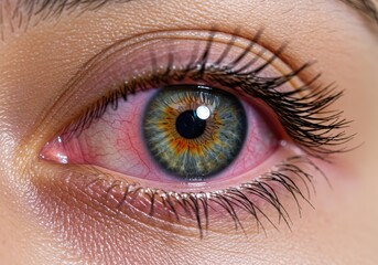 Fototapeta premium Close-up of human eye, irritated eyelid, red and inflamed, pink eye symptoms, conjunctivitis, medical condition