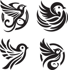 Fototapeta premium Black and white bird tattoo design set featuring unique ornamental patterns for creative projects and logos