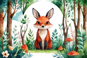 Enchanting Forest Animal Artwork Featuring Nature-Themed Border in Watercolor Style