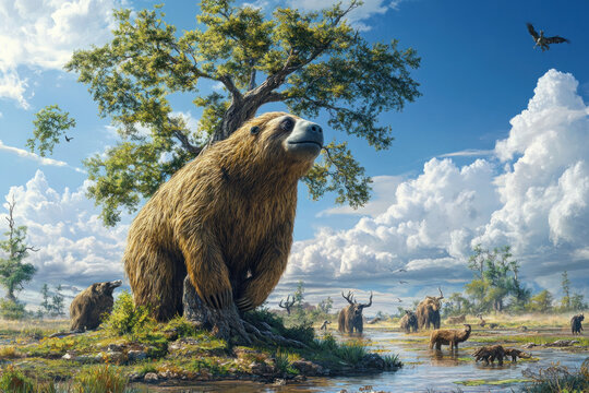 Realistic depiction of a giant ground sloth in a prehistoric wetland environment, highlighting ancient wildlife