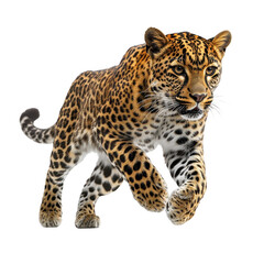 Obraz premium Side view of a spotted leopard leaping, panthera pardus, isolated on white