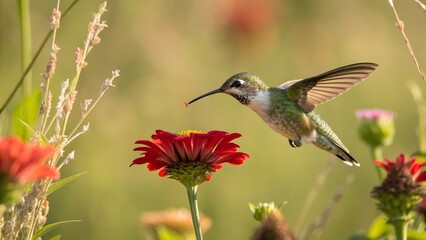 Fototapeta premium Hummingbird in Flight: A vibrant hummingbird hovers mid-air, its iridescent feathers shimmering in the sunlight, as it delicately sips nectar from a brilliant red flower. 