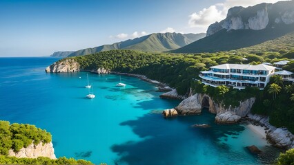 Naklejka premium Luxury Cliffside Resort Overlooking Crystal Blue Waters