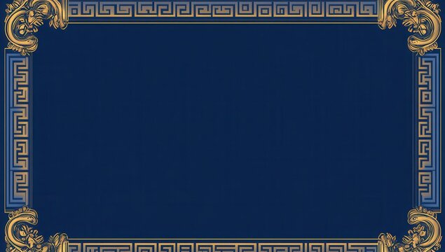Elegant gold Greek key border on dark blue background.
