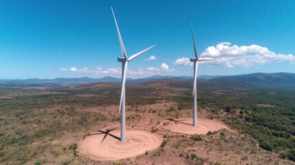 Aerial View Of Wind Turbines Under Construction In Rural Landscape
