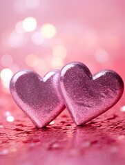Obraz premium Valentines day festive background with two hearts In Shiny Background Valentine's Day glitter background