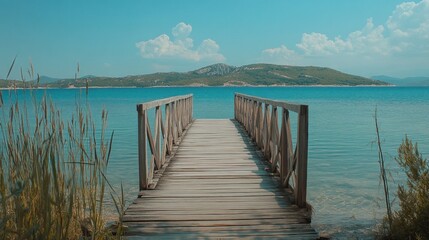 Obraz premium Wooden pier leading to tranquil lake, idyllic scenery, perfect for relaxation, use as stock image