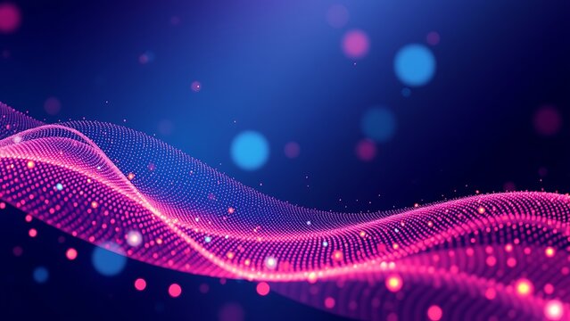 Futuristic technology wave. Digital cyberspace. Abstract wave with moving particles on a pink background. Big data analytics