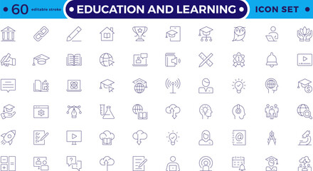 Education and Learning Outline icons set. Education, School, Learning, university, textbook. Containing video tuition, e-learning, online courses, educational websites. Editable stroke outline icon.