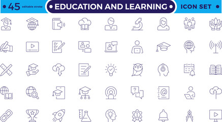 Education and Learning Outline icons set. Education, School, Learning, university, textbook. Containing video tuition, e-learning, online courses, educational websites. Editable stroke outline icon.