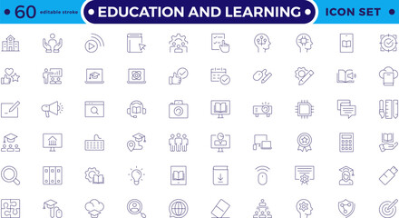 Education and Learning Outline icons set. Education, School, Learning, university, textbook. Containing video tuition, e-learning, online courses, educational websites. Editable stroke outline icon.