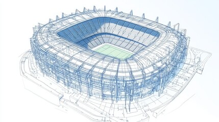 Stadium Architectural Blueprint - Detailed blueprint of a modern stadium, showcasing its design, structure, and seating arrangement.  Symbolizing ambition, community, competition, engineering