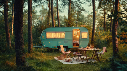 Rustic camper van in a forest at sunset with picnic table and chairs.  Cozy, vintage-style camper nestled amongst lush green trees.  Warm evening light bathes the scene.