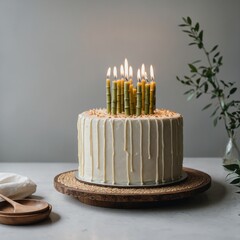 A peaceful Zen-inspired birthday cake with smooth minimalist frosting, delicate bamboo decorations, and serene candles, fully visible on white.