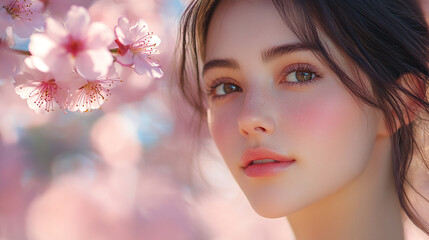 Fototapeta premium Beautiful Woman Spring Blossoms Pink Flowers Soft Portrait Gentle Girl Face Skin Calm Model Youth 