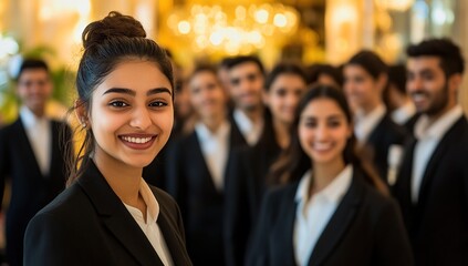 Confident Young Professional Smiles, Leading Diverse Team in Business Success, Achieving Goals Together.