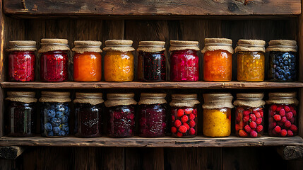 Vibrant jars of jam filled with colorful fruits on rustic wooden shelf