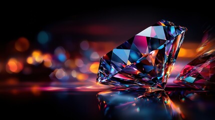 Close-up of sparkling gemstones reflecting vibrant colors against a dark background
