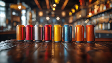 Modern craft beer cans arranged in row on rustic wooden bar