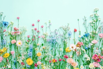 Fototapeta premium Elegant spring floral border with pastel flowers on a mint background, flat lay top view. Soft and delicate botanical composition for seasonal design.