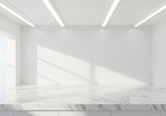 Fototapeta premium Minimalist white interior, empty marble countertop, clean white tiled wall, bright lighting, modern design, sleek surfaces, geometric patterns, stark contrast