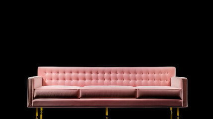 A luxurious candy pink velvet sofa with tufted backrest and brass legs