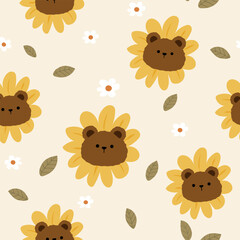 bear heads in sunflowers  , leaves and white flowers seamless pattern , vector , illustration
