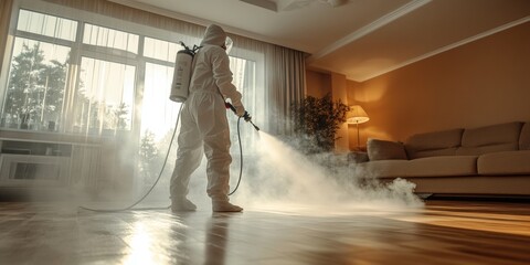 Person in Protective White Suit Spraying Room with Disinfectant for Cleanliness and Safety Amidst Smoke in Indoor Environment